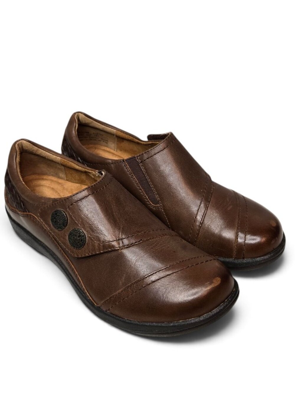 Aetrex Karina Leather Loafers Women's Monk Strap Engraved Button Brown Shoe 7